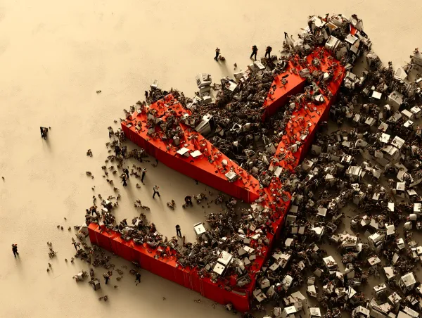 A giant, broken, red capital letter A has fallen on many tiny people working at their computer screens.