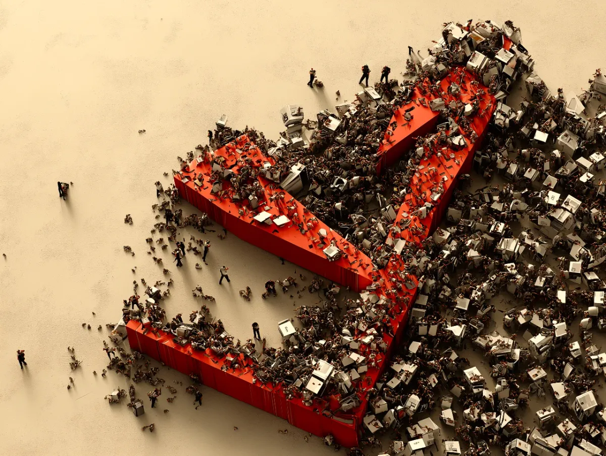 A giant, broken, red capital letter A has fallen on many tiny people working at their computer screens.