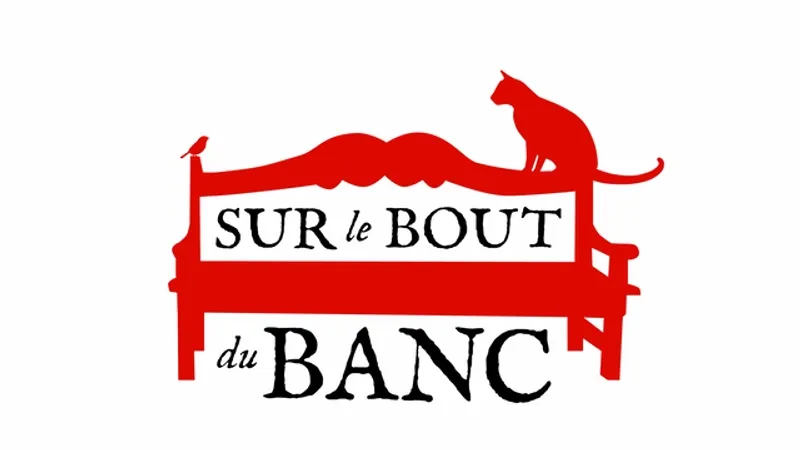 Animated gif with Bout du Banc graphic elements, red bench, cat, bird, on white background