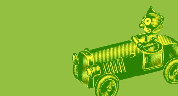 An illustration from the early 1900s, probably an engraving, showing a cartoon cat driving a toy car.