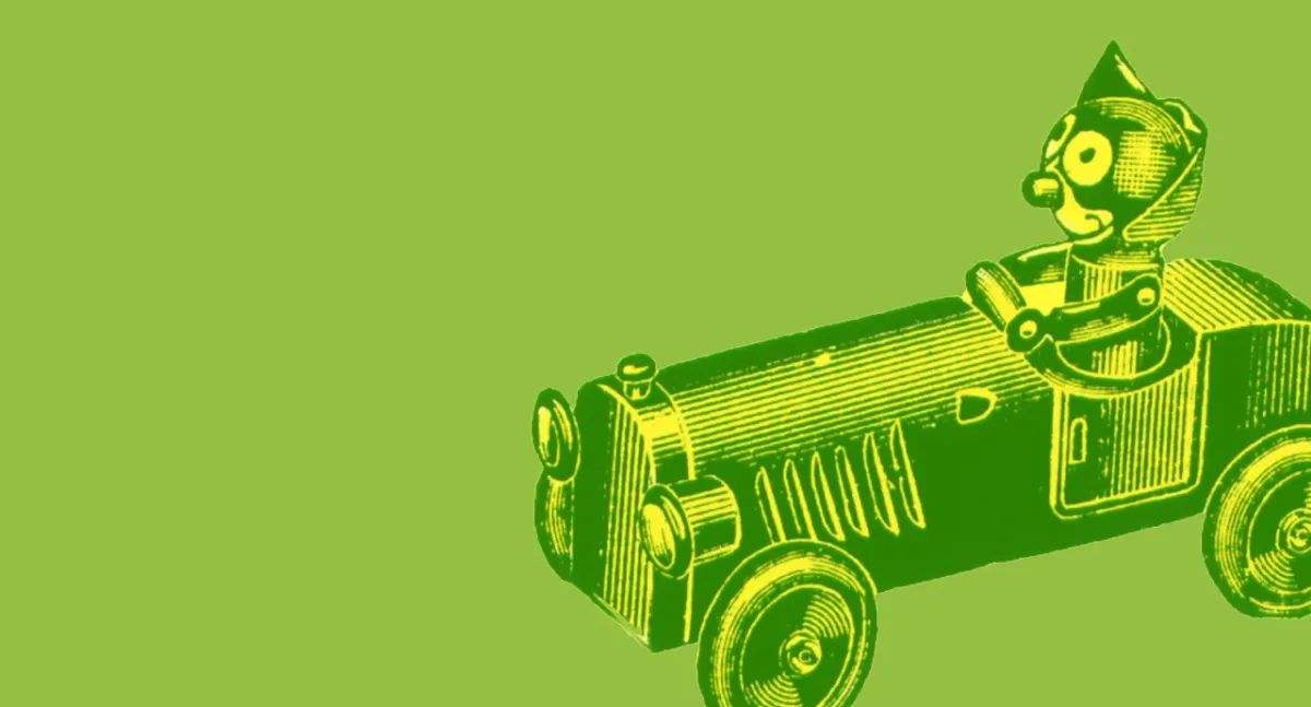 An illustration from the early 1900s, probably an engraving, showing a cartoon cat driving a toy car.