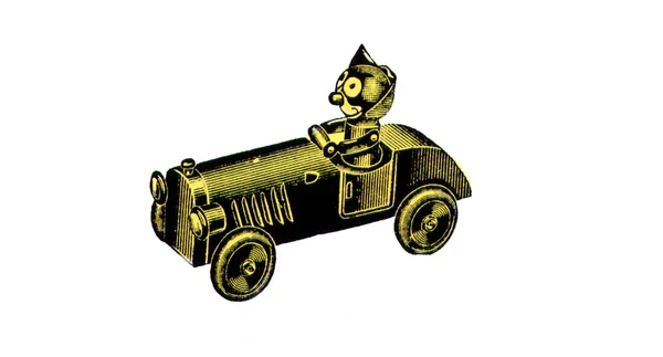 An illustration from the early 1900s, probably an engraving, showing a cartoon cat driving a toy car.