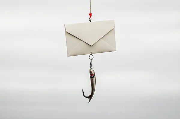 A letter hanging from a fishing line with a fish-shaped weight dangling beneath it