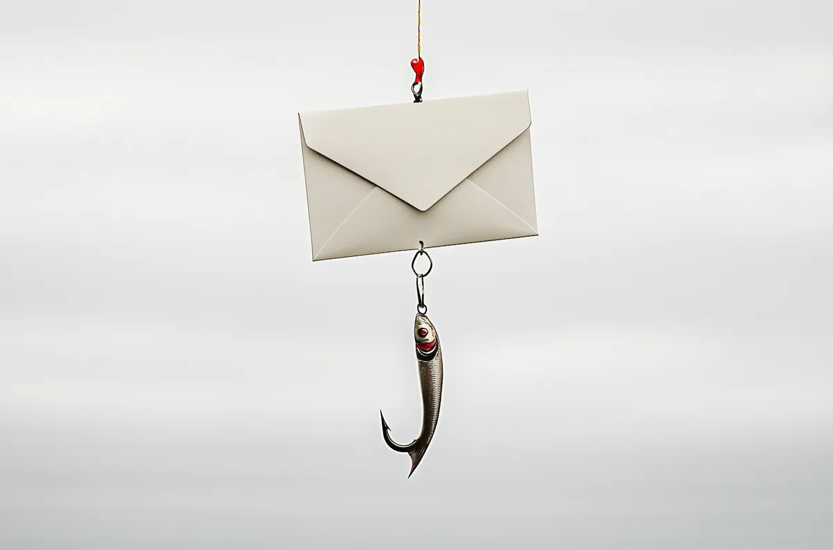 A letter hanging from a fishing line with a fish-shaped weight dangling beneath it