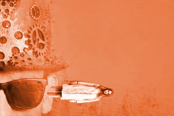 Cropped image of a man wearing a steampunk, gear-laden top hat, a young woman is coming out of his ear, on a dirty rust-colored background.