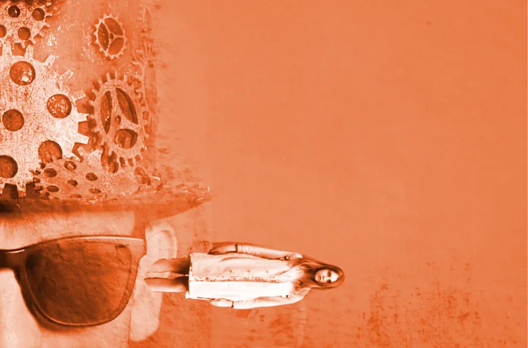 Cropped image of a man wearing a steampunk, gear-laden top hat, a young woman is coming out of his ear, on a dirty rust-colored background.