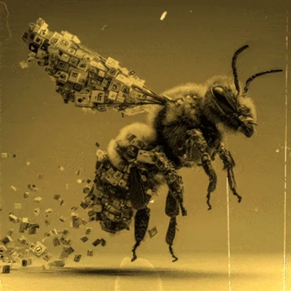 A bumblebee partially built with social media icons flaps its wings and tries to fly while the icons fall off of it and spin into the air around it